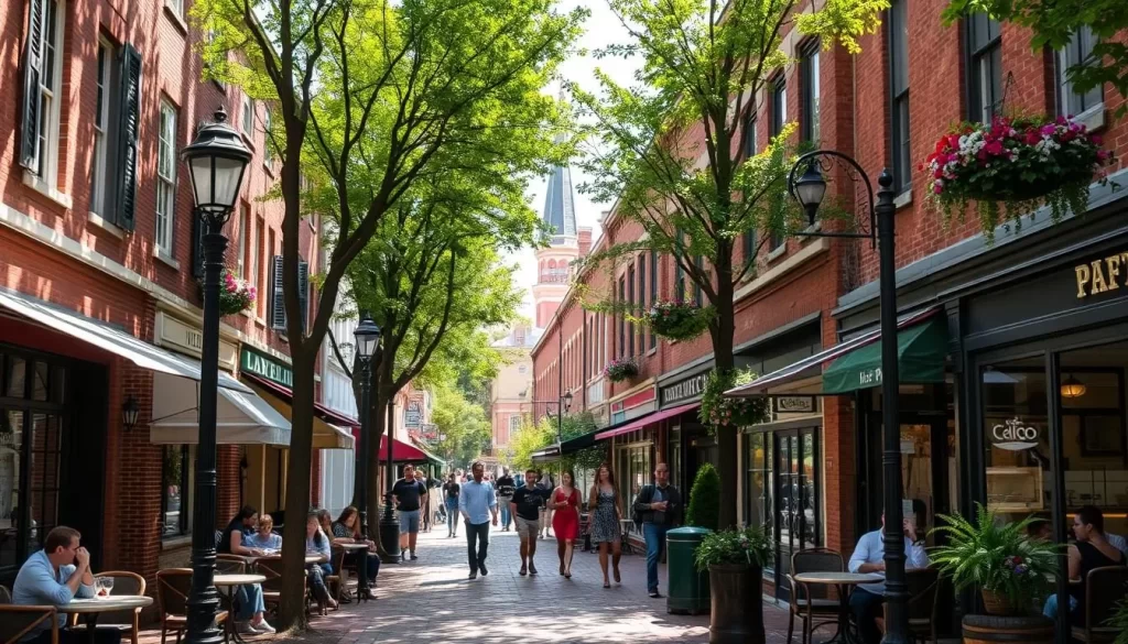 A bustling urban street lined with charming brick buildings and quaint cafes, the Leesburg Coffee Corridor exudes a vibrant, inviting atmosphere. Sunlight filters through lush trees, casting a warm glow on the cobblestone sidewalks teeming with pedestrians. Tables spill out onto the street, where patrons sip artisanal coffee and savor local delicacies. In the distance, the steeple of a historic church rises above the rooftops, adding to the tranquil, historic ambiance. Vintage lampposts and decorative flower baskets complete the picturesque scene, creating a delightful and walkable urban oasis in the heart of downtown Leesburg.