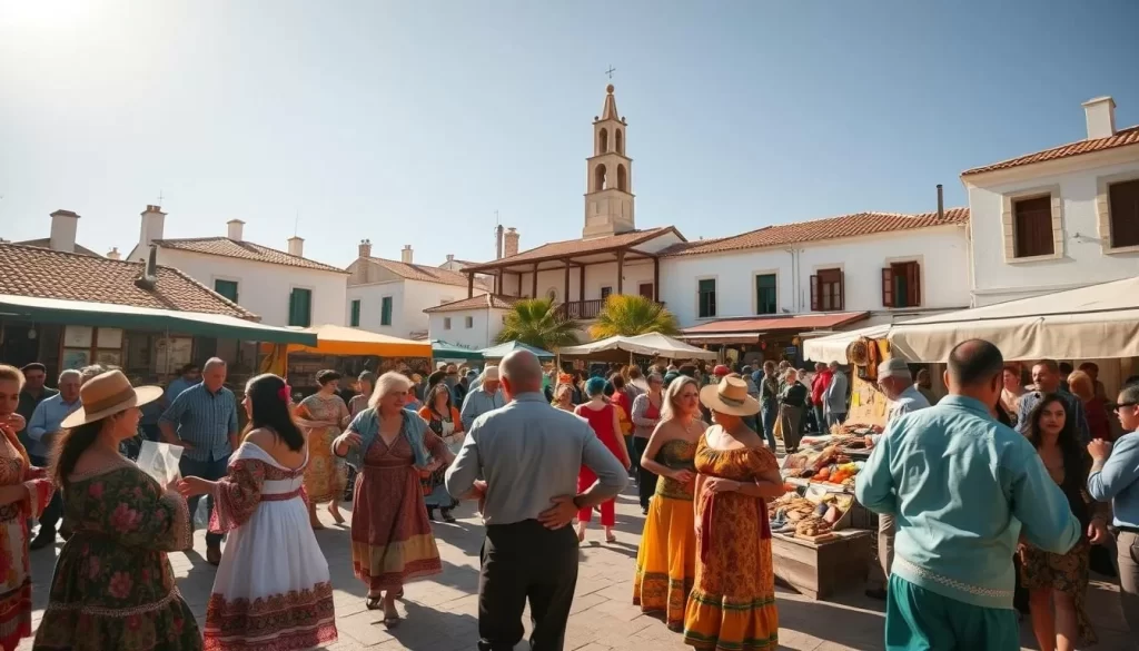 A bustling village square in Cyprus, bathed in warm Mediterranean sunlight. In the foreground, colorfully dressed locals dance to the rhythmic beat of traditional folk music, their vibrant costumes and lively movements capturing the spirit of a lively festival. In the middle ground, artisanal stalls offer an array of handcrafted goods, from intricate weavings to fragrant spices, inviting visitors to immerse themselves in the island's rich cultural heritage. In the background, whitewashed buildings with terracotta roofs and a majestic church steeple create a picturesque backdrop, evoking the timeless charm of Cypriot architecture. The scene radiates a sense of joyous celebration and deep-rooted tradition, inviting the viewer to experience the cultural richness of Cyprus through its vibrant festivals.
