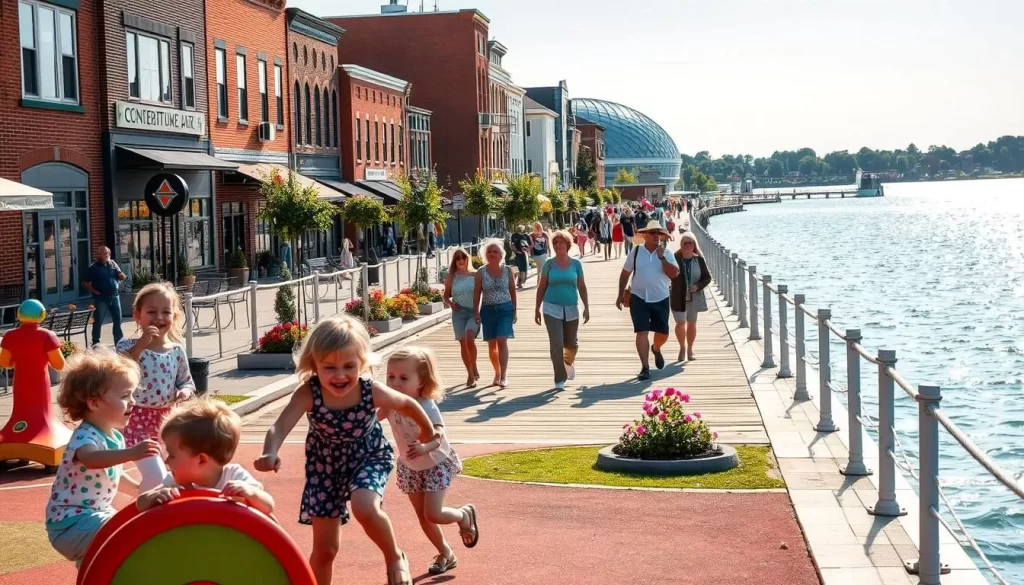 A bustling waterfront promenade, dotted with whimsical sculptures and vibrant flower beds, sets the stage for a quintessential family-friendly scene in Charlottetown. In the foreground, a group of laughing children play on a colorful playground, their joyful shrieks echoing off the historic brick buildings. In the middle ground, parents and grandparents stroll hand-in-hand, taking in the sights and sounds of the scenic boardwalk, which leads towards the picturesque Confederation Centre of the Arts. The background is dominated by the serene waters of the Hillsborough River, its glistening surface reflecting the warm, golden light of a perfect summer day. The overall atmosphere is one of carefree exploration and delightful discovery, perfectly capturing the essence of Charlottetown's family-friendly attractions.