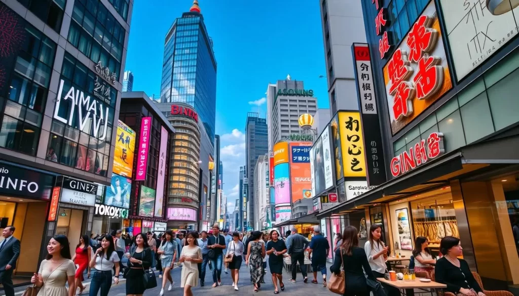 A bustling weekend scene in Ginza, Tokyo's premier shopping and entertainment district. The sunlit streets are abuzz with stylishly dressed locals and tourists strolling past high-end boutiques, galleries, and gourmet restaurants. Neon lights and billboards cast a vibrant glow, complementing the imposing architecture of towering skyscrapers and historic landmarks. Elegantly dressed women window-shop, while groups of friends laugh and converse over coffee in outdoor cafes. The atmosphere is one of energy, sophistication, and a celebration of Japanese urban culture at its finest.