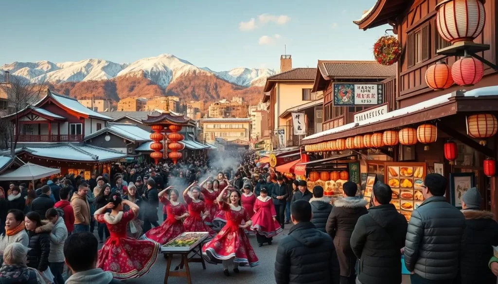 A bustling winter festival in Fukuoka, Japan. A vibrant crowd gathers in a picturesque town square, adorned with lanterns and traditional decorations. In the foreground, a procession of colorfully-dressed performers twirl and dance, their movements captured with a wide, cinematic lens. In the middle ground, vendors offer steaming local delicacies and handcrafted souvenirs. The background features a blend of historic architecture and snow-capped mountains, bathed in warm, golden afternoon light. Capture the energy, cultural richness, and festive atmosphere of the Tamaseseri Festival.