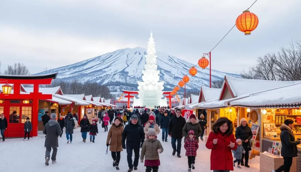 A bustling winter festival in the heart of Tōhoku, Japan. Crisp, snow-covered grounds dotted with traditional red torii gates and lanterns casting a warm, golden glow. In the foreground, families stroll through charming stalls selling local delicacies and crafts, their breath visible in the frosty air. The middle ground features a towering ice sculpture, intricate and shimmering, surrounded by visitors marveling at its beauty. In the background, a majestic mountain range rises, its peaks dusted with fresh snow. The atmosphere is festive and joyous, capturing the essence of a Tōhoku winter celebration.