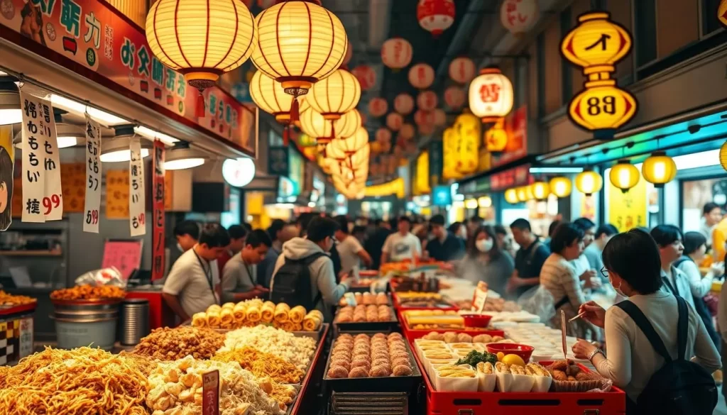 A busy Saitama festival featuring an array of mouthwatering local delicacies. In the foreground, a bustling food stall showcases sizzling yakisoba noodles, crisp takoyaki octopus balls, and fluffy taiyaki fish-shaped cakes. In the middle ground, colorful rows of okonomiyaki savory pancakes, skewered yakitori chicken, and steaming hot ramen draw a hungry crowd. The background is filled with lively festival lanterns, the sound of laughter, and the aroma of freshly grilled festival fare. Warm, vibrant lighting sets an inviting, celebratory atmosphere. Capture the essence of Saitama's rich food culture and the joyous spirit of its annual festivals.