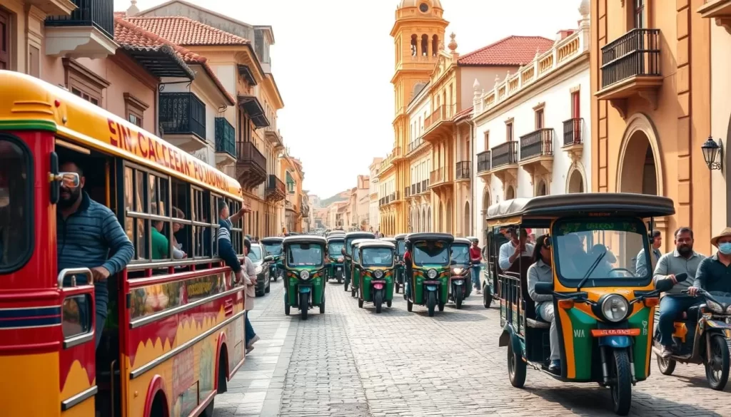 A busy street in Antigua, Guatemala, bustling with local transportation. In the foreground, a brightly colored chicken bus, its vibrant hues a signature of the region, navigates the narrow cobblestone roads. Passengers board and disembark, creating a lively scene. In the middle ground, traditional tuk-tuks and motorized tricycles weave between the vehicles, offering a unique mode of transportation. The backdrop features the iconic colonial architecture, with its distinct red-tiled roofs and ornate facades, bathed in warm, golden sunlight. The overall atmosphere is one of energy, culture, and the charm that defines Antigua's transportation landscape.