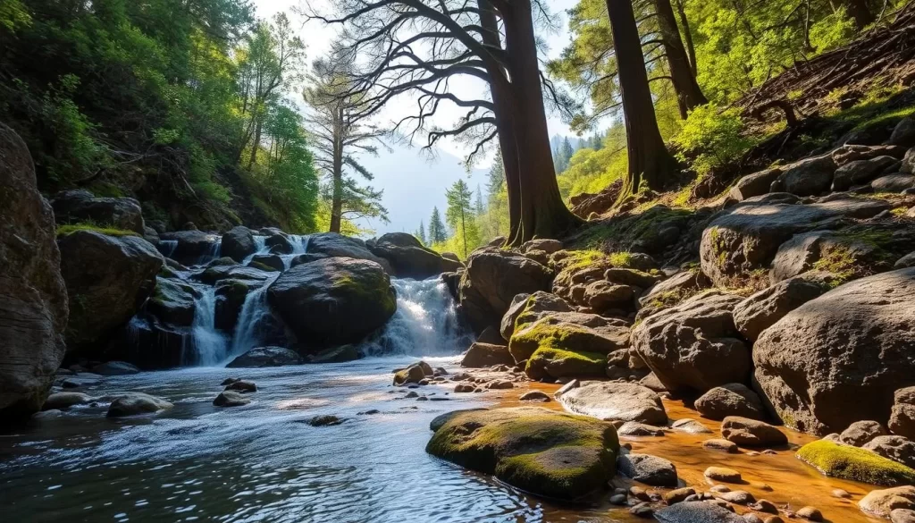 A cascading waterfall tumbles over rugged, moss-covered boulders amidst a lush, verdant forest. Dappled sunlight filters through the canopy, casting a warm, ethereal glow upon the scene. In the foreground, a clear, babbling stream winds its way through the rocky terrain, inviting the viewer to follow the hiking trail leading to the majestic Diana's Baths. The middle ground features towering, ancient trees that frame the cascading waters, while the background depicts a hazy, blue-tinged mountain range, creating a sense of depth and tranquility. This idyllic natural setting evokes a peaceful, serene atmosphere, perfectly capturing the essence of the hiking trail to Diana's Baths.