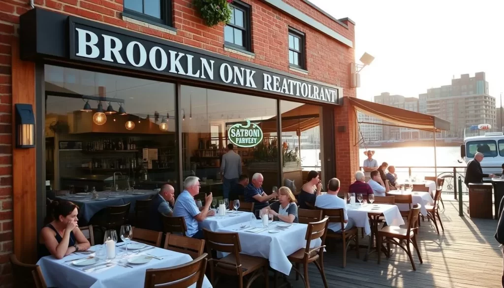A charming Brooklyn seafood restaurant nestled along the waterfront, with a cozy exterior featuring warm brick and wooden accents. Through the large windows, glimpse an inviting interior with white-linen-clad tables, a well-stocked bar, and a bustling open kitchen. Diners savor the catch of the day, from succulent lobster rolls to grilled whole fish, as the afternoon sun filters in, casting a golden glow. Outside, a quaint patio overlooks the gently lapping waves, setting the scene for an unforgettable local dining experience.