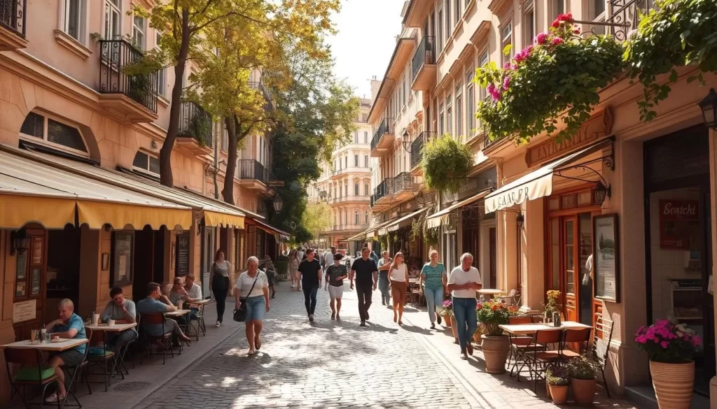A charming cobblestone street in Skadarlija, Belgrade's historic Bohemian quarter, on a sunny afternoon. Quaint cafes and restaurants line the sidewalks, their colorful awnings and flower-filled terraces creating a lively, inviting atmosphere. Locals and visitors stroll leisurely, taking in the vibrant street life and historic architecture. A mix of traditional Serbian and Balkan influences are visible in the buildings' facades and details. Warm, soft lighting filters through the trees, casting a golden glow over the scene. The overall mood is one of relaxed enjoyment, capturing the essence of this beloved, atmospheric neighborhood.