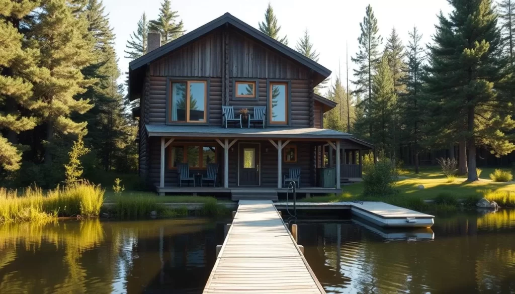 A charming, rustic two-story lodge nestled amidst the serene, pine-studded shores of Paint Lake, Manitoba. Sunlight filters through the floor-to-ceiling windows, illuminating the inviting front porch with its weathered wooden beams and rocking chairs. The lush, verdant landscape surrounds the lodge, with a small private dock extending into the still, mirror-like waters. A sense of tranquility and natural beauty pervades the scene, creating an idyllic retreat for visitors to the region.