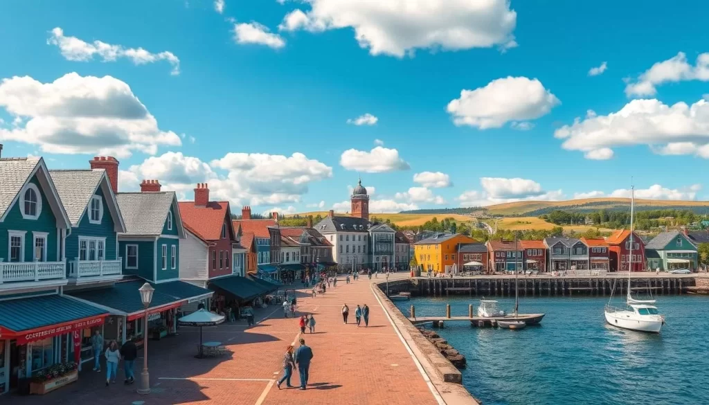 A charming seaside town on Prince Edward Island, Charlottetown exudes a quaint, historic ambiance. Capture the city's essence with a wide-angle lens showcasing its vibrant waterfront, featuring colorful Victorian-era buildings lining the harbor. In the foreground, a bustling street scene with pedestrians strolling past whimsical shops and cafes. The middle ground reveals Confederation Centre of the Arts, an iconic architectural landmark. In the background, rolling hills and a azure sky dotted with fluffy white clouds create a tranquil, picturesque atmosphere. Bright, warm sunlight bathes the entire scene, accentuating the town's charming maritime character and inviting visitors to discover its timeless charm.