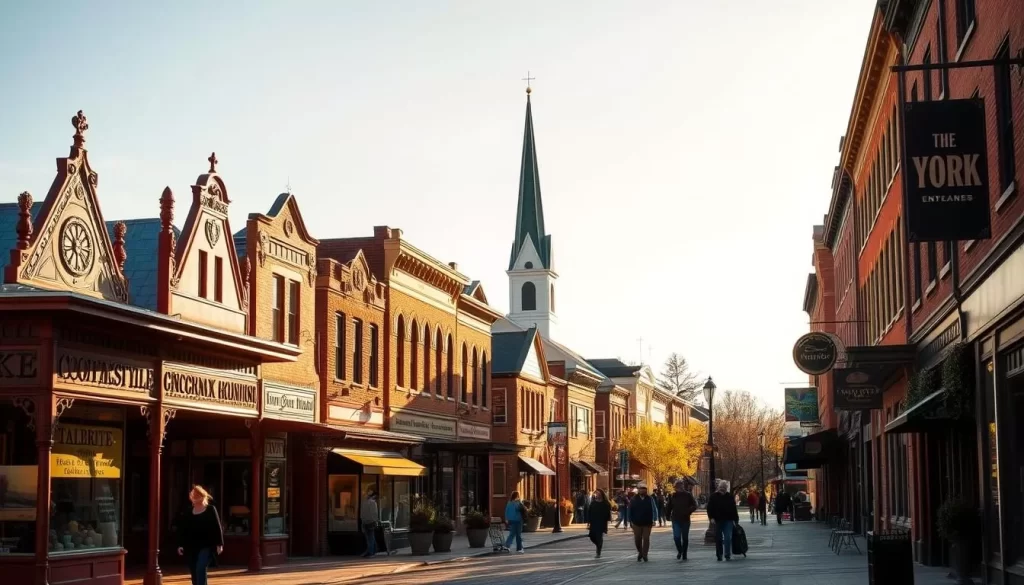 A charming street in historic York, Nebraska, bathed in warm afternoon sunlight. Quaint storefronts line the sidewalk, their facades adorned with intricate Victorian-era architectural details. Pedestrians stroll leisurely, admiring the town's well-preserved heritage. In the distance, the steeple of a picturesque church rises above the rooftops, its bells ringing softly. The scene exudes a sense of timeless tranquility, inviting the viewer to explore the town's enduring appeal and discover its unique blend of Midwestern hospitality and timeless charm.
