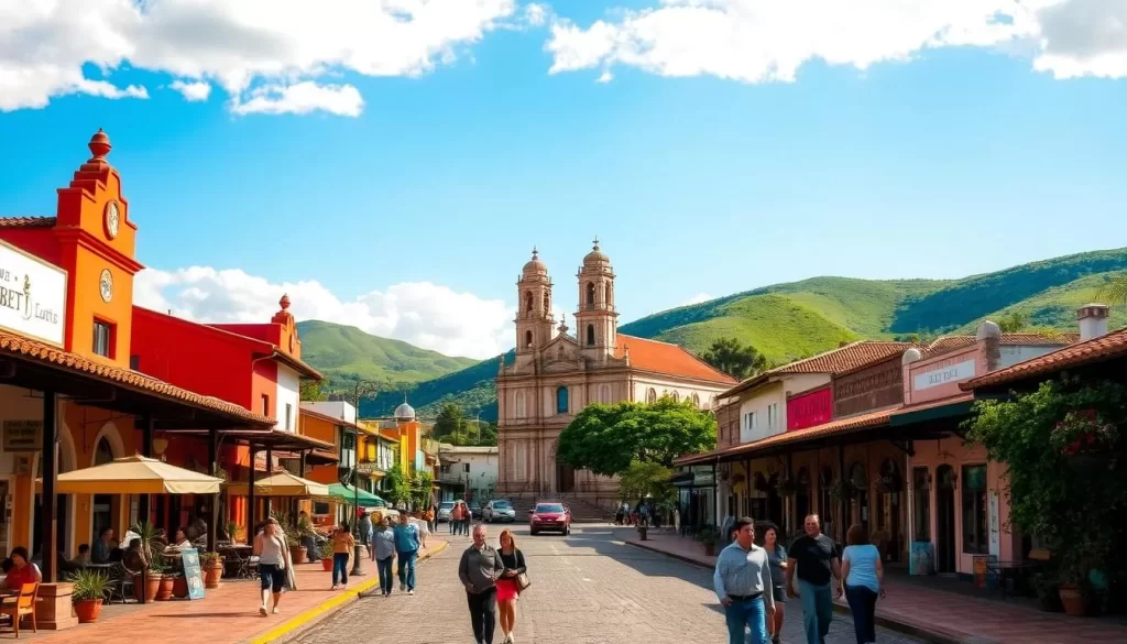 A charming town nestled in the lush, verdant hills of El Salvador, Suchitoto captivates with its colonial architecture, cobblestone streets, and tranquil atmosphere. Capture the essence of this picturesque town on a pleasant day, with the warm sun casting a soft glow across the vibrant-colored buildings and lively town square. In the foreground, pedestrians leisurely stroll past quaint cafes and artisanal shops, while in the middle ground, a historic church with a towering bell tower stands as a central landmark. The background is framed by rolling green hills and a clear blue sky, creating a serene, idyllic scene that embodies the charm and allure of Suchitoto.