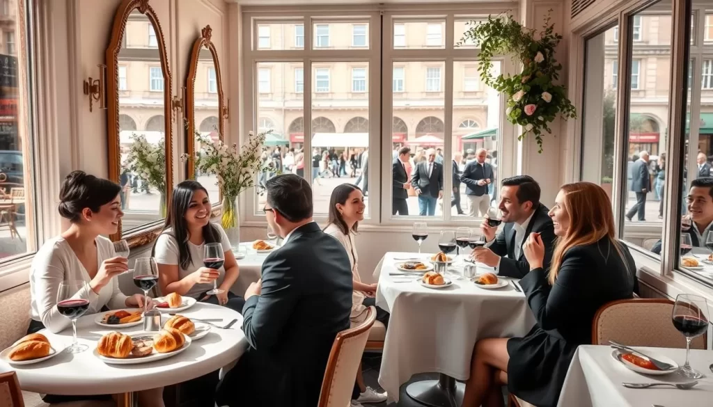 A chic Parisian-inspired café nestled in the heart of London's bustling Covent Garden. Crisp white tablecloths, gold-trimmed mirrors, and delicate floral accents create an elegant ambiance. Diners savor classic French dishes - buttery croissants, rich beef bourguignon, and decadent crème brûlée - as sunlight filters through large windows, casting a warm glow over the scene. In the foreground, a well-dressed group of friends laugh over glasses of fine Bordeaux. Beyond, the lively street scene of the iconic market square is visible, with passersby strolling by. An authentic taste of Parisian joie de vivre, right in the heart of London.