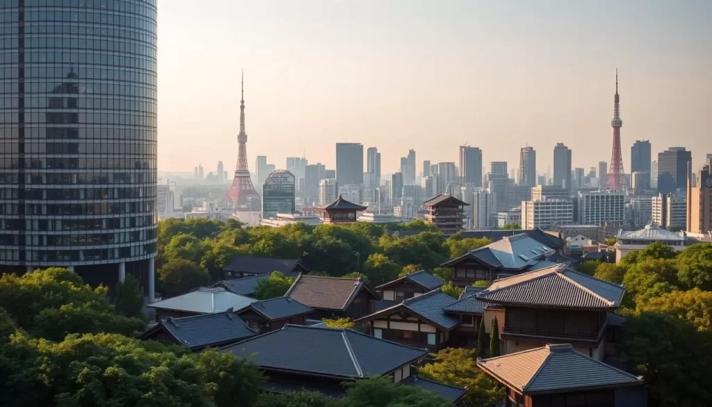 A cityscape of Chūō-ku, Tokyo, showcasing a variety of accommodation options. In the foreground, a modern high-rise hotel with sleek glass facades stands tall, surrounded by lush greenery. In the middle ground, traditional ryokans and boutique inns dot the landscape, their elegant roofs and tranquil gardens creating a serene atmosphere. In the background, the iconic Tokyo skyline emerges, with the Tokyo Tower and skyscrapers creating a dynamic urban backdrop. The scene is bathed in warm, natural lighting, evoking a welcoming and inviting ambiance. Capture this diverse range of lodging choices, from contemporary to historic, that cater to the varied needs of travelers visiting the Chūō-ku district.