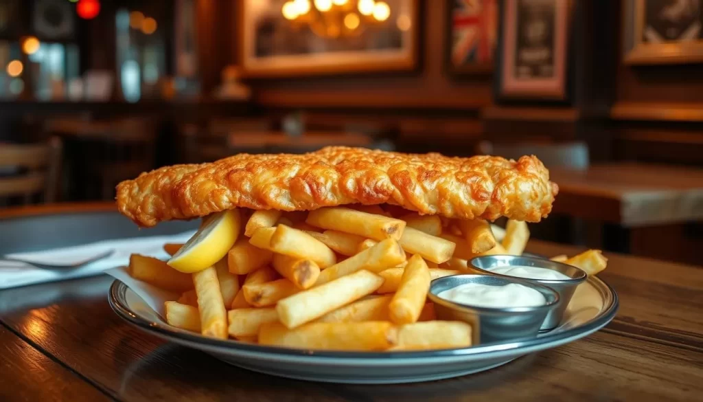 A classic British dish, fish and chips, served on a rustic wooden table in a cozy London restaurant. The golden, crispy-fried fish fillet glistens under warm, directional lighting, resting atop a generous portion of hand-cut, fluffy french fries. Fresh lemon wedges and a side of tartar sauce complete the scene, creating an appetizing and authentic representation of this quintessential local cuisine. The background features a subtle, blurred view of the restaurant's interior, hinting at the lively atmosphere and inviting ambiance of a traditional British dining establishment.