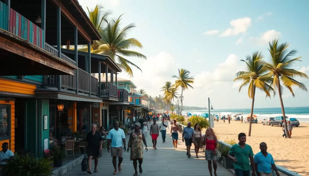 A coastal town nestled along the Caribbean shore, Puerto Viejo showcases its vibrant Afro-Caribbean heritage. Capture the bustling beachfront promenade lined with colorful, weathered wooden buildings housing local cafes, artisan shops, and reggae bars. Depict the sun-dappled beach, with swaying palm trees and azure waters lapping at the golden sand. In the foreground, depict locals and tourists strolling, chatting, and enjoying the laidback pace of life. Use a wide-angle lens to convey the town's charming, intimate scale, with a soft, warm lighting evoking the tropical ambiance. Render the scene with a rich, saturated color palette that captures the vibrant, welcoming essence of Puerto Viejo's Caribbean charm.