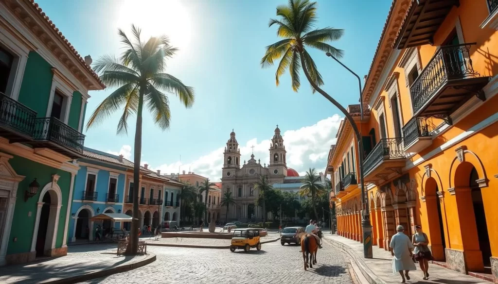 A colonial city nestled in a lush, tropical setting. Cobblestone streets wind between vibrant, pastel-colored buildings adorned with intricate architectural details. Ornate balconies and wrought-iron railings overlook the bustling central plaza, where a majestic cathedral stands tall, its towering spires reaching towards the clear, azure sky. Sunlight filters through the canopy of palm trees, casting warm, golden hues across the scene. Horse-drawn carriages and locals in traditional dress add to the timeless, historic ambiance. Capture the essence of Granada's colonial charm in a captivating, realistic image.