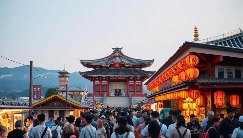 A colorful and lively scene of Chiba Prefecture's vibrant festivals. In the foreground, a bustling crowd enjoys traditional street food stalls, their vibrant paper lanterns casting a warm glow. In the middle ground, a grand Shinto shrine stands proud, its intricate architecture and ornate decorations commanding attention. In the background, a backdrop of rolling hills and a clear blue sky sets the stage for the festival's joyous atmosphere. The scene is bathed in soft, diffused lighting, creating a sense of harmony and celebration. The overall mood is one of cultural immersion, with the audience fully engaged in the festivities.