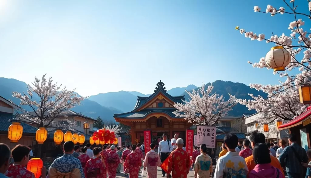 A colorful traditional Japanese festival in Kagawa Prefecture. In the foreground, people in vibrant kimonos and yukata participate in a lively procession, carrying ornate lanterns and banners. The middle ground showcases a Shinto shrine with intricate architecture, surrounded by blooming cherry blossoms. In the background, towering mountains and a clear blue sky set the tranquil, serene atmosphere. Warm, soft lighting illuminates the scene, capturing the reverence and celebration of Kagawa's cultural heritage. A stunning, immersive snapshot of the region's festival traditions.
