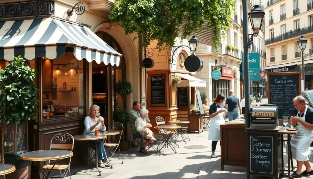 A cozy French bistro on a sun-dappled Parisian street, with classic bistro chairs and tables spilling out onto the sidewalk. Ornate wrought-iron details on the facade, striped awnings, and lush potted plants create an inviting, nostalgic atmosphere. The interior is warm and intimate, with wood-paneled walls, white subway tiles, and vintage light fixtures casting a soft, golden glow. Patrons sip espressos and nibble on freshly baked croissants, lost in conversation and the rhythms of the bustling neighborhood. A chalkboard menu, a vintage cash register, and servers in crisp white aprons complete the quintessential French bistro scene.