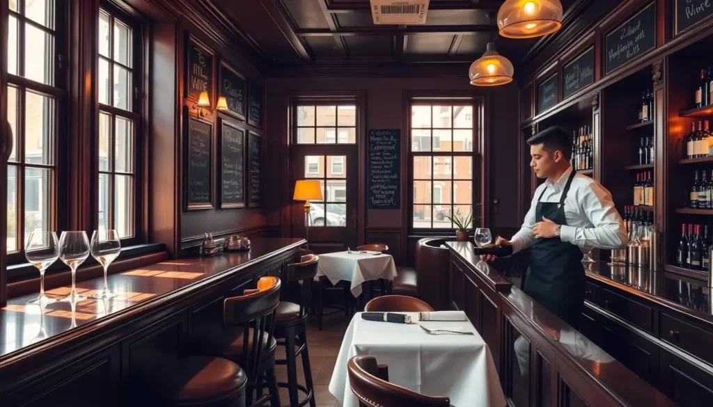A cozy Italian wine bar situated in a charming New York City neighborhood. Elegant wooden furnishings, dim lighting, and a row of inviting bar stools along a polished countertop. Handwritten chalkboard menus adorn the walls, showcasing a carefully curated selection of Italian wines. A few small tables with crisp white tablecloths dot the space, creating an intimate dining atmosphere. Soft jazz music plays in the background, complementing the warm, inviting ambiance. Natural light filters through large windows, casting a golden glow onto the scene. The bartender, dressed in a smart white shirt and black apron, stands ready to pour the perfect glass of Chianti or Pinot Grigio.