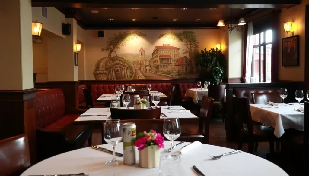 A cozy and inviting Italian restaurant interior, with warm lighting casting a soft glow over the intimate dining space. Elegant wooden tables with crisp white tablecloths, adorned with simple yet stylish place settings. Plush, upholstered chairs line the tables, creating a comfortable and welcoming ambiance. In the background, a feature wall showcases a charming, vintage-inspired mural, adding character and depth to the scene. The atmosphere is refined yet relaxed, setting the stage for an unforgettable dining experience.
