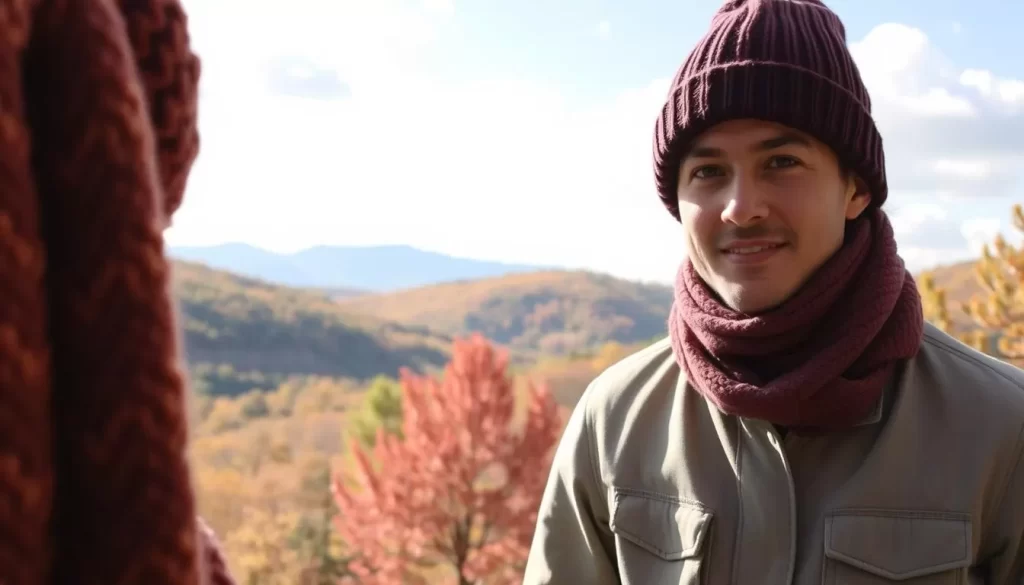A cozy autumn scene in Kantō, Japan. In the foreground, an array of warm layers and accessories - a plush scarf, a knit beanie, a lightweight jacket. In the middle ground, a scenic landscape of rolling hills, vibrant trees in shades of gold and crimson. The background features a clear sky with fluffy white clouds, bathing the scene in soft, natural light. Convey the feeling of preparing for the shifting seasons, with practical yet stylish attire to keep comfortable during this transitional time of year.