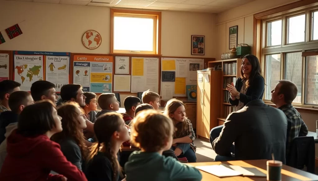 A cozy classroom in Saskatchewan, Canada, flooded with warm sunlight streaming through wide windows. In the foreground, a diverse group of students, rapt with attention, engaged in a lively language lesson. Posters and educational materials adorn the walls, reflecting the rich linguistic diversity of the region. In the background, a teacher, smiling and gesturing, guides the class through interactive activities that promote language learning and cultural exchange. The atmosphere is one of exploration, curiosity, and a deep appreciation for the power of communication across languages.