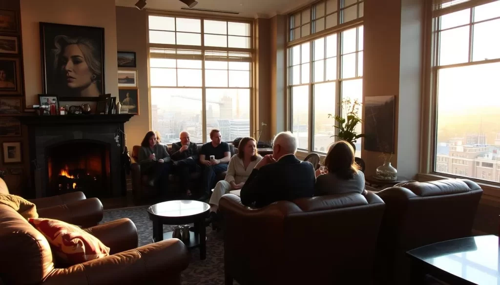A cozy indoor scene in the heart of New Haven, Connecticut. A sun-dappled living room with plush leather armchairs and a roaring fireplace, surrounded by walls adorned with local artwork. In the foreground, a group of friends gathered, sipping warm beverages and engaged in lively conversation. Through the large windows, a glimpse of the historic city skyline can be seen, bathed in the golden glow of the afternoon sun. The atmosphere is one of comfort, community, and quintessential New England charm.
