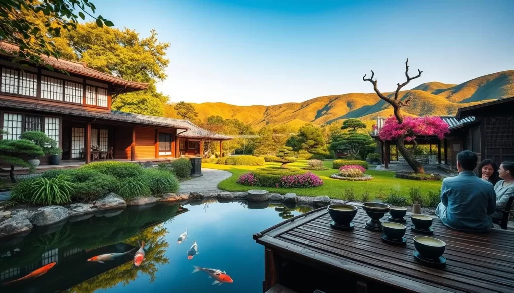 A cozy inn nestled in the lush greenery of a Japanese countryside, its traditional architecture blending seamlessly with the surrounding nature. In the foreground, a serene koi pond reflects the azure sky, while guests sip steaming cups of matcha on the wooden engawa. The middle ground reveals a carefully tended garden, its vibrant flowers and carefully pruned bonsai trees creating a tranquil ambiance. In the background, the gentle slopes of verdant hills rise, their silhouettes bathed in the warm, golden glow of the afternoon sun. The scene exudes a sense of timeless harmony, embodying the essence of seasonal accommodations in Hyōgo Prefecture.