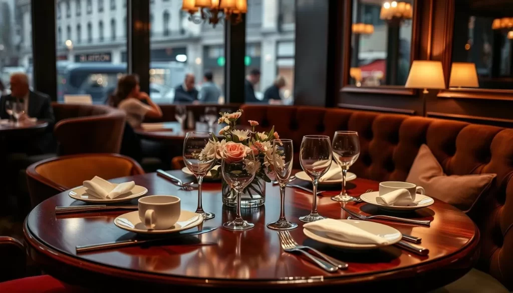 A cozy, intimate dining setting in a refined London restaurant. The scene features a polished wooden table set with elegant white china, gleaming silverware, and a centerpiece of fresh flowers bathed in warm, soft lighting. Ambient sounds of clinking glassware and low, convivial conversation fill the air, creating a welcoming atmosphere. In the background, a sumptuous velvet-upholstered banquette lines the wall, and large windows offer a glimpse of a bustling city street outside. The overall impression is one of refined yet relaxed sophistication, inviting the viewer to imagine an unforgettable dining experience.