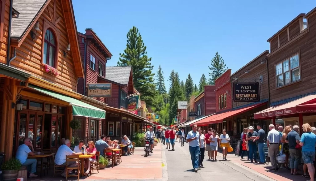 A cozy main street in West Yellowstone, Montana on a sunny summer day. Charming wooden buildings line the sidewalks, housing a variety of dining options. A group of people enjoy an alfresco meal at a rustic cafe, sipping local craft beers and taking in the mountain views. Across the street, families browse the menus of casual restaurants, enticed by the tantalizing smells of barbecue and freshly baked bread. In the background, towering pine trees frame the scene, creating a picturesque small-town atmosphere perfect for a leisurely meal.
