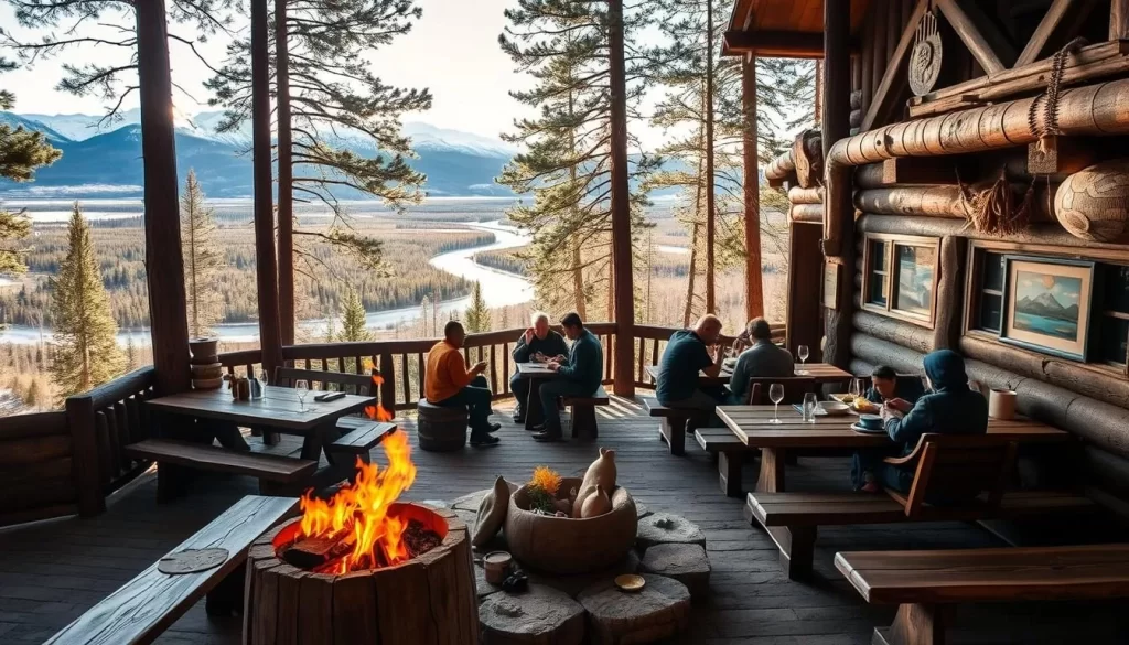 A cozy, rustic dining scene in the heart of Wood Buffalo National Park. Wooden tables and benches set among towering pines, with a crackling fire pit casting a warm glow. Indigenous artwork and handcrafted decor adorn the space, creating an inviting atmosphere. In the middle ground, a group of diners enjoy a hearty meal, savoring locally-sourced ingredients. The background features a breathtaking vista of snow-capped mountains and a winding river. Natural lighting filters through the trees, casting gentle shadows and highlighting the textures of the environment. The overall mood is one of tranquility, celebration of the great outdoors, and appreciation for the park's rich cultural heritage.