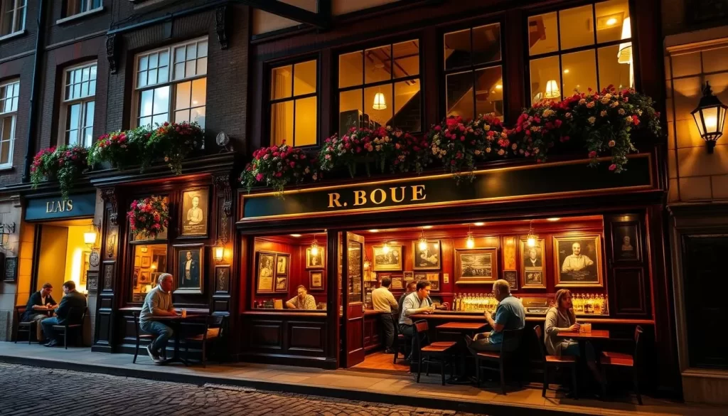 A cozy, traditional English pub nestled on a cobblestone street in London. Warm lighting spills from the large windows, casting a welcoming glow onto the sidewalk. Inside, patrons sit at the polished wooden bar or gather around small tables, chatting over pints of ale. The walls are lined with vintage-framed mirrors and old photographs, exuding a sense of history and character. Overhead, the ornate, high-ceilinged room is bathed in a soft, golden light, creating an inviting and convivial atmosphere. Outside, a row of colorful flower boxes adorn the windowsills, adding a touch of charm to the scene. The overall impression is one of a quintessential British pub, a social hub where locals and visitors alike can experience the heart of London's lively pub culture.