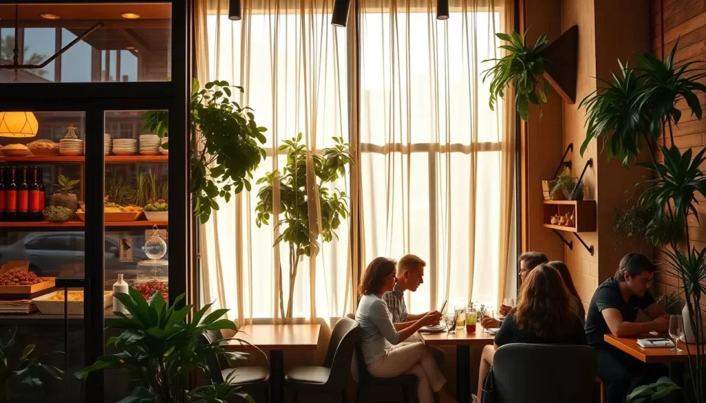 A cozy, vibrant vegan restaurant nestled in the bustling heart of Los Angeles. A welcoming facade with large windows showcasing an array of fresh, plant-based dishes. Inside, the warm, natural lighting filters through sheer curtains, casting a soft, inviting glow. Wooden accents and greenery create a serene, eco-friendly ambiance. Patrons sit at intimate tables, savoring expertly crafted vegan meals and sipping on refreshing beverages. The atmosphere exudes a sense of community, with diners engaged in lively conversations. Capture the essence of this haven for conscious dining, where the flavors and energy of Los Angeles' vibrant vegan scene come to life.