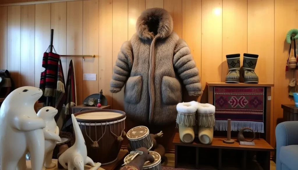 A cozy, well-lit indoor scene showcasing an assortment of authentic Inuit cultural artifacts. In the foreground, intricately carved ivory figures, sealskin drums, and vibrant woven textiles. In the middle ground, a large sealskin parka and a pair of traditional kamiks (boots) displayed on a wooden shelf. The background features a backdrop of warm, earthy wooden panels, casting a soft, natural glow over the scene. The overall mood is one of cultural richness, heritage, and a connection to the Arctic landscape.