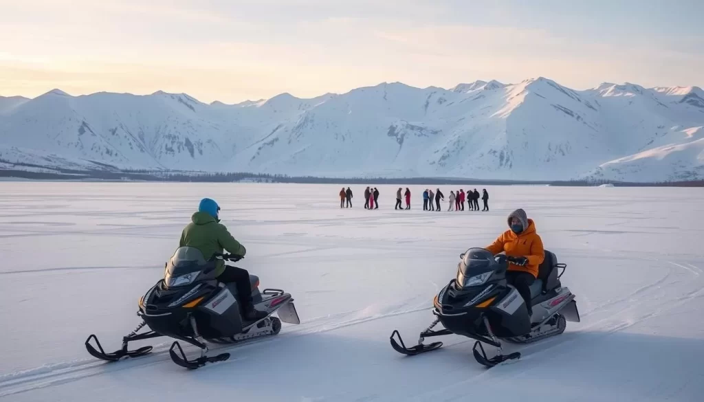 A crisp, snow-covered landscape in the Northwest Territories of Canada, with a foreground of snowmobiles gliding across a frozen lake, their riders bundled up in warm winter gear. In the middle ground, a group of people ice skating, their movements graceful and serene. The background showcases towering, snow-capped mountains, bathed in the soft, golden light of the winter sun. The scene exudes a sense of tranquility and wonder, capturing the essence of a true winter wonderland.