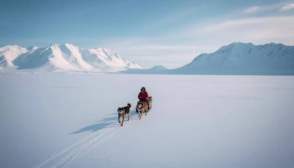 A crisp, snowy landscape in Nunavut, Canada during the winter season. Sweeping vistas of pristine white snow blanketing the ground, with towering mountains in the distance capped with glistening ice. In the foreground, a lone sled dog team pulling a traditional Inuit sled, their breath visible in the frosty air. Soft, diffused natural light illuminates the scene, casting long shadows and creating a serene, tranquil atmosphere. The icy blue tones of the sky and shadows convey the biting chill of the Arctic climate, while the warm hues of the sled dog's fur and the Inuit's clothing provide a comforting contrast. An immersive, atmospheric depiction of the beauty and resilience of winter in Nunavut.