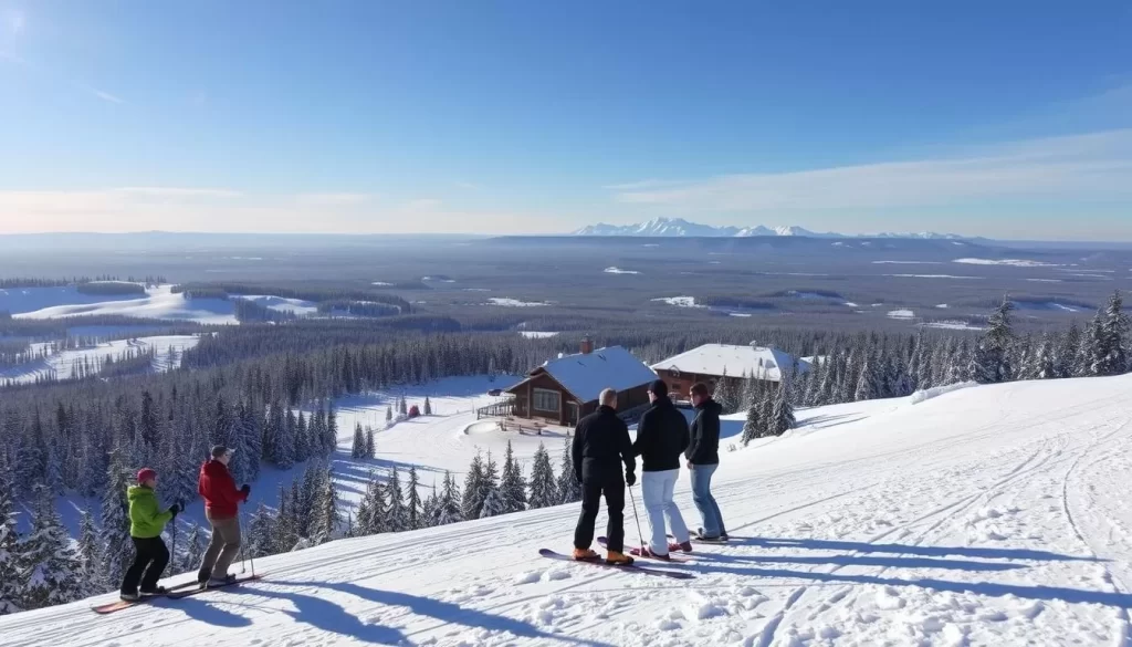 A crisp, winter day at Asessippi Ski Area, Manitoba. The snow-covered slopes glisten under the sun's rays, inviting skiers and snowboarders to carve graceful turns down the well-groomed trails. In the foreground, a group of friends pause for a moment, taking in the breathtaking panoramic view of the rolling hills and dense pine forests that surround the resort. The middle ground features the ski lodge, its rustic architecture blending seamlessly with the natural landscape. In the background, the majestic Riding Mountain rises, its jagged peaks adding to the serene, alpine atmosphere. Soft, diffused lighting creates a warm, welcoming ambiance, capturing the essence of this premier winter destination.