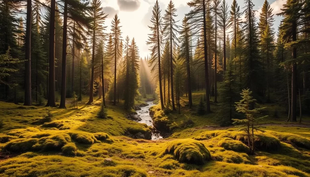 A dense, lush boreal forest in the golden light of a summer afternoon. In the foreground, a carpet of soft moss and ferns covers the ground, with towering spruce and pine trees reaching up to a clouded sky. Shafts of warm light filter through the canopy, casting a serene, ambient glow. In the middle distance, a babbling brook winds its way through the landscape, its waters sparkling. The overall scene conveys a sense of tranquility and the untamed beauty of the northern wilderness.