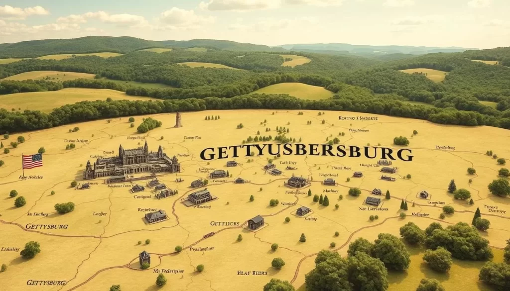 A detailed, hand-drawn map of the Gettysburg battlefield during a pleasant, sun-dappled day. The landscape is lush and verdant, with rolling hills and dense forests in the background. In the foreground, key landmarks and troop positions are marked with precision, allowing the viewer to clearly envision the historic events that unfolded here. The map is rendered with a vintage aesthetic, complete with parchment-like textures and muted color tones that evoke a sense of timelessness. The overall composition strikes a balance between cartographic utility and artistic sensibility, creating a visually compelling image that does justice to the significance of this hallowed ground.