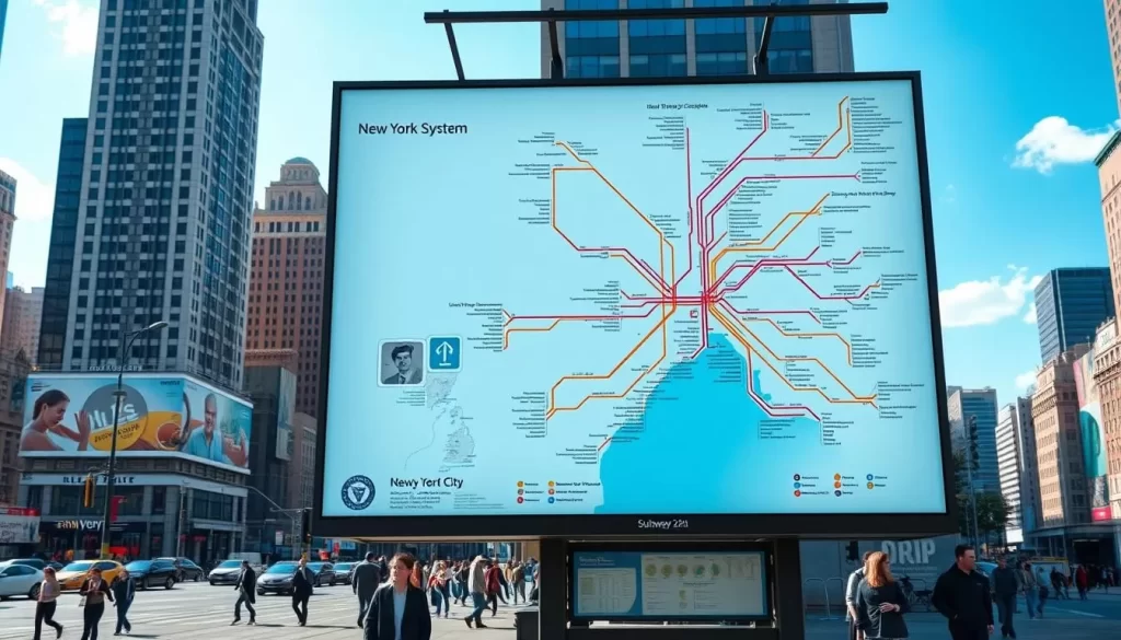 A detailed, high-resolution digital map of the New York City subway system displayed on a large billboard in midtown Manhattan. The map is rendered in a clean, minimalist style with crisp lines, distinct station markers, and a clear color-coded route system. The background showcases a bright, sunny day in the city, with towering skyscrapers, bustling streets, and pedestrians going about their day. The scene is captured from a slightly elevated perspective, giving a comprehensive overview of the subway map and the surrounding urban landscape. The overall mood is one of efficiency, connectivity, and the vibrant energy of New York City.