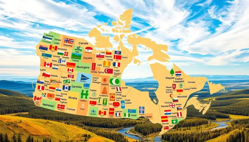 A detailed map of Manitoba, Canada, showcasing the regional language demographics. The foreground depicts a vibrant, colorful mosaic of various language symbols, each representing the dominant language spoken in different areas. The middle ground features rolling hills, lush forests, and winding rivers, creating a picturesque natural backdrop. The background is filled with a vast, azure sky with wispy, soft clouds, conveying a sense of tranquility and openness. The lighting is warm and natural, highlighting the diversity and harmony of the region. The scene is captured through a wide-angle lens, providing a comprehensive view of the linguistic landscape.