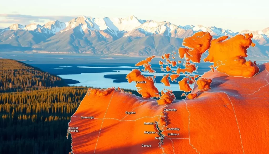 A detailed map of the Cree language distribution across the Northwest Territories, Canada. The foreground showcases the regional boundaries and major Cree-speaking communities, rendered in warm earthy tones. The middle ground depicts the vast boreal forests and lakes, with light filtering through the trees. In the background, the majestic Rocky Mountains rise, their snow-capped peaks bathed in a soft golden glow from the afternoon sun. The overall scene conveys a sense of tranquility and the rich cultural heritage of the Cree people in this northern region.