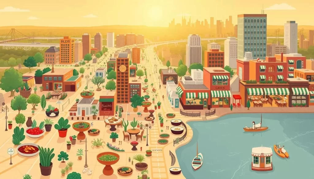 A detailed street map of Chicago's vibrant vegan and vegetarian dining scene, showcasing the neighborhood hotspots. The map is rendered in a warm, soothing color palette, with carefully crafted illustrations of plant-based dishes, verdant greenery, and minimalist restaurant facades. The foreground features prominent landmarks and intersections, while the middle ground highlights clusters of eateries, each with a distinct style and cuisine. The background depicts the city's iconic skyline, bathed in golden afternoon light, creating a sense of balance and harmony. The overall atmosphere is inviting, encouraging the viewer to explore this thriving, eco-conscious culinary hub.