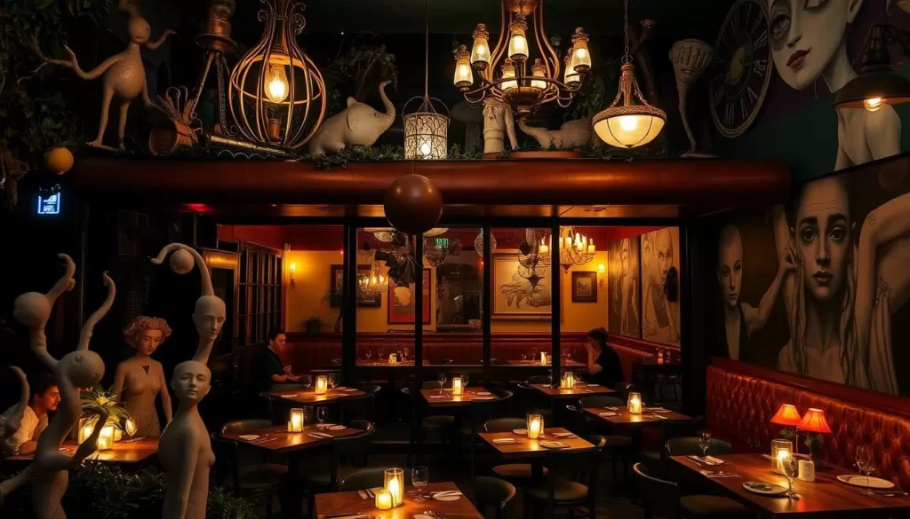 A dimly lit, intimate restaurant nestled in the heart of Los Angeles, its exterior adorned with whimsical, avant-garde sculptures that beckon passersby. Through the doors, a surreal dining experience unfolds, with tables arranged in a maze-like layout, each one a unique work of art. Overhead, the soft glow of vintage chandeliers casts a warm, inviting ambiance, while the walls are adorned with thought-provoking murals that seem to come alive. The menu offers a delightful fusion of flavors, presented in unconventional ways that challenge the senses. Diners savor their meals against a backdrop of eclectic music and the gentle murmur of animated conversation, creating a truly one-of-a-kind culinary adventure.