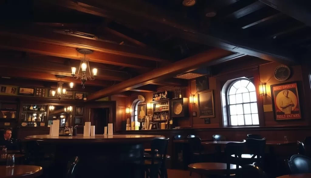 A dimly lit, old-world tavern interior with a bar and stools