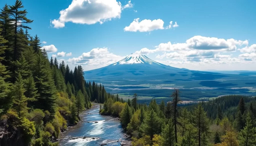 A dramatic, panoramic landscape of Hokkaido's northern paradise, captured on a clear, crisp day. In the foreground, a picturesque mountain stream winds through lush, verdant forests, the sunlight dancing on the gently rippling waters. The middle ground reveals a majestic, snow-capped peak towering over the scene, its jagged silhouette framed by a brilliant azure sky dotted with fluffy white clouds. In the distance, a vast, rugged wilderness stretches out, hinting at the untamed beauty and adventure that awaits the intrepid explorer. The overall mood is one of serene tranquility and awe-inspiring grandeur, perfectly capturing the essence of Japan's "Northern Paradise."