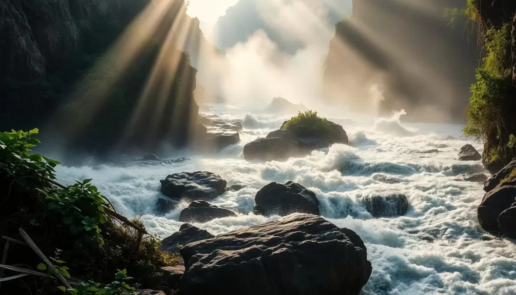 A dramatic scene of a Rushing River flowing through a lush, verdant landscape. Towering, rugged cliffs frame the raging white waters as they cascade over boulders, creating a powerful, thundering display. Brilliant shards of sunlight pierce through the mist, illuminating the swirling currents and casting a warm, golden glow over the entire setting. Lush, verdant foliage clings to the rocky banks, adding a sense of vibrant, natural beauty. The camera angles capture the river's raw, untamed energy, immersing the viewer in the awe-inspiring power of this magnificent natural wonder.
