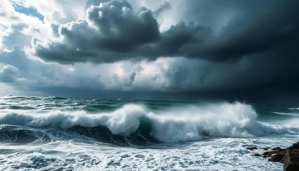A dramatic seascape of fierce hurricane winds and churning ocean waves, captured in a cinematic wide-angle shot. Towering cumulonimbus clouds loom overhead, their ominous gray silhouettes backlit by streaks of lightning flashing across the turbulent sky. Whitecaps crash against a rocky shoreline, spray and mist obscuring the horizon. Dramatic shadows and highlights create a sense of dynamic movement and impending danger. The overall mood is one of raw power and the humbling force of nature, conveying the intensity and unpredictability of hurricane season.