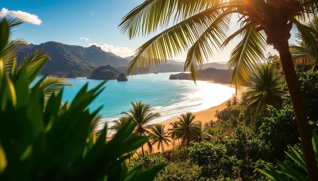 A dreamy, sun-drenched coastal scene in Pavones, Costa Rica. In the foreground, lush tropical foliage and palm trees frame the view. In the middle ground, a pristine beach with golden sand and swaying palm trees stretches out, leading the eye towards the glistening turquoise waters of the Pacific Ocean. In the distance, rugged green hills rise up, creating a picturesque backdrop. The warm, golden light bathes the entire scene, casting a serene and tranquil atmosphere. This hidden gem showcases the natural beauty and unspoiled charm of Costa Rica's southern Pacific coast.